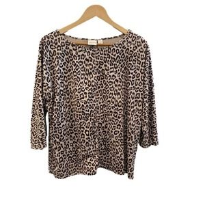 Chicos Blouse Womens 2 L 12 Brown Animal Print Polyester 3/4 Sleeves